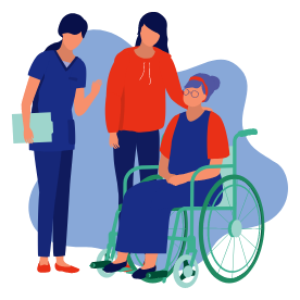 Illustration d’une femme en fauteuil roulant discutant avec son accompagnante et son médecin